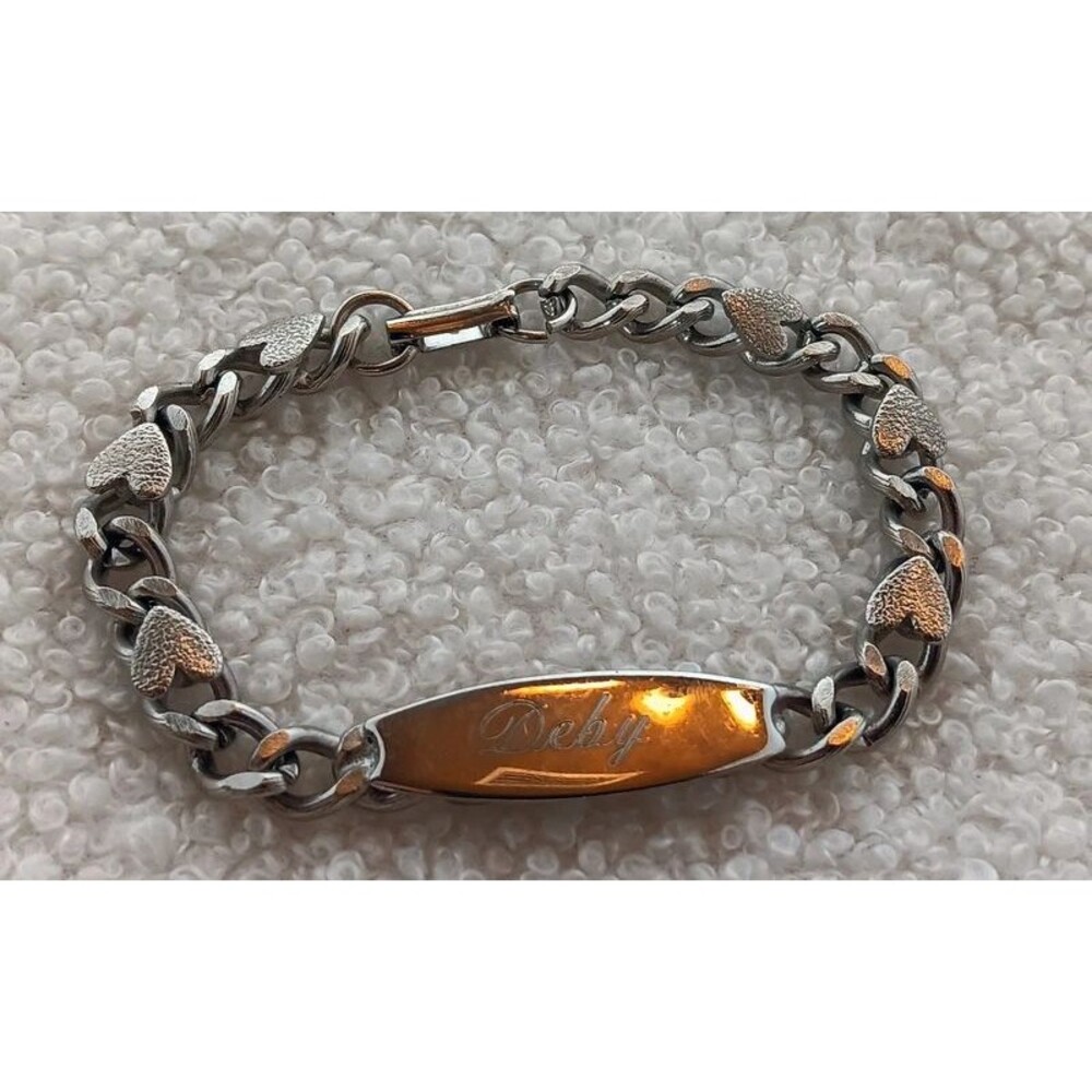 Vintage Silvertone Metal ID "Deby" Bracelet Heart-Shaped Links 7 in
